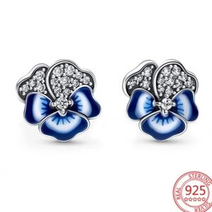 🎆Sterling Silver 925 Blue White Flower with Rhinestones Post Earrings